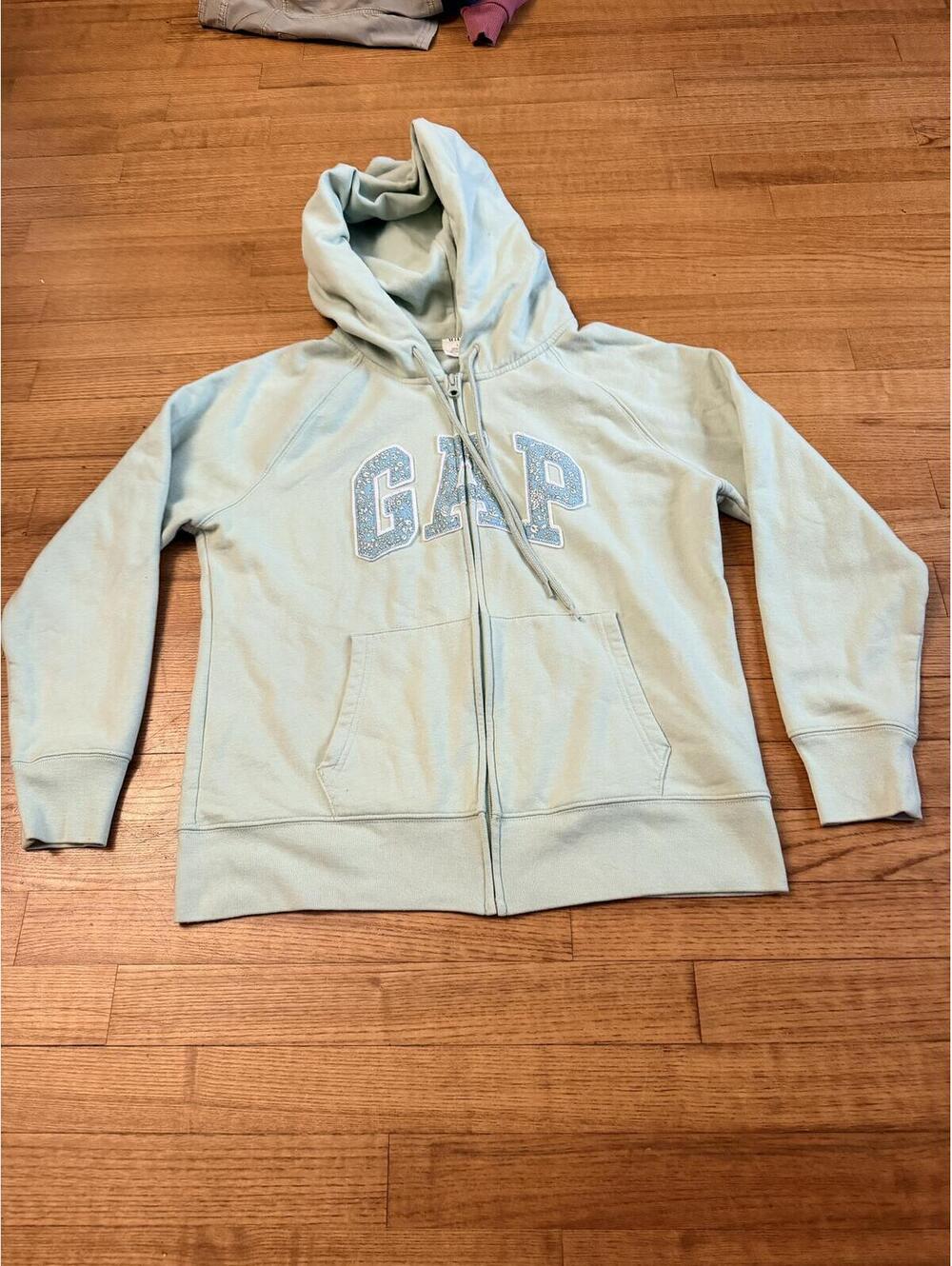 EUC GAP Large full zip hooded sweatshirt, sage green some blue floral in graphic